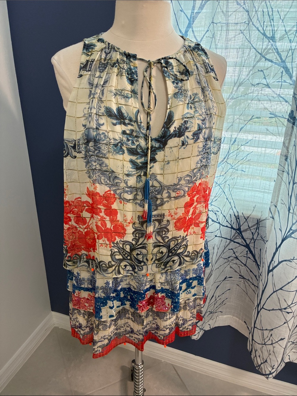 Hemant & Nandita Silk Sleeveless Boho Mini Dress - Cream with Red & Blue Floral